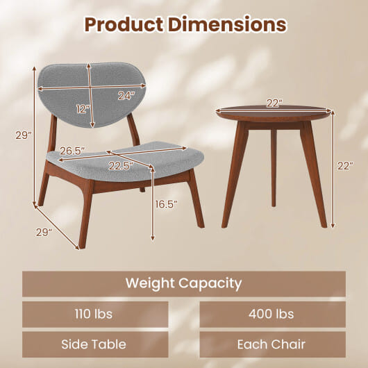 Accent Chairs Set of 2 with Side Table and Solid Wood Frame-Gray - Color: Gray