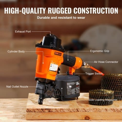 Coil Siding Nailer MCN55, 1 inch to 2-1/4 inch 15 Degree Pneumatic Siding Nail Gun, 70-120PSI Air Coil Nailer for Siding, Pallet Sheathing, Fencing, Decking