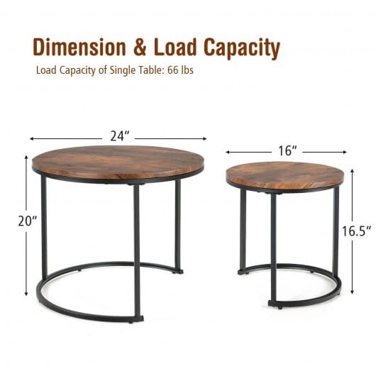 Set of 2 Modern Round Stacking Nesting Coffee Tables for Living Room-Rustic Brown - Color: Rustic Brown
