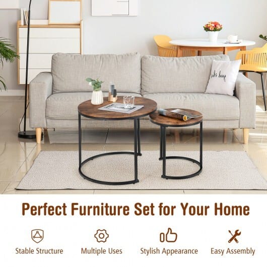 Set of 2 Modern Round Stacking Nesting Coffee Tables for Living Room-Rustic Brown - Color: Rustic Brown