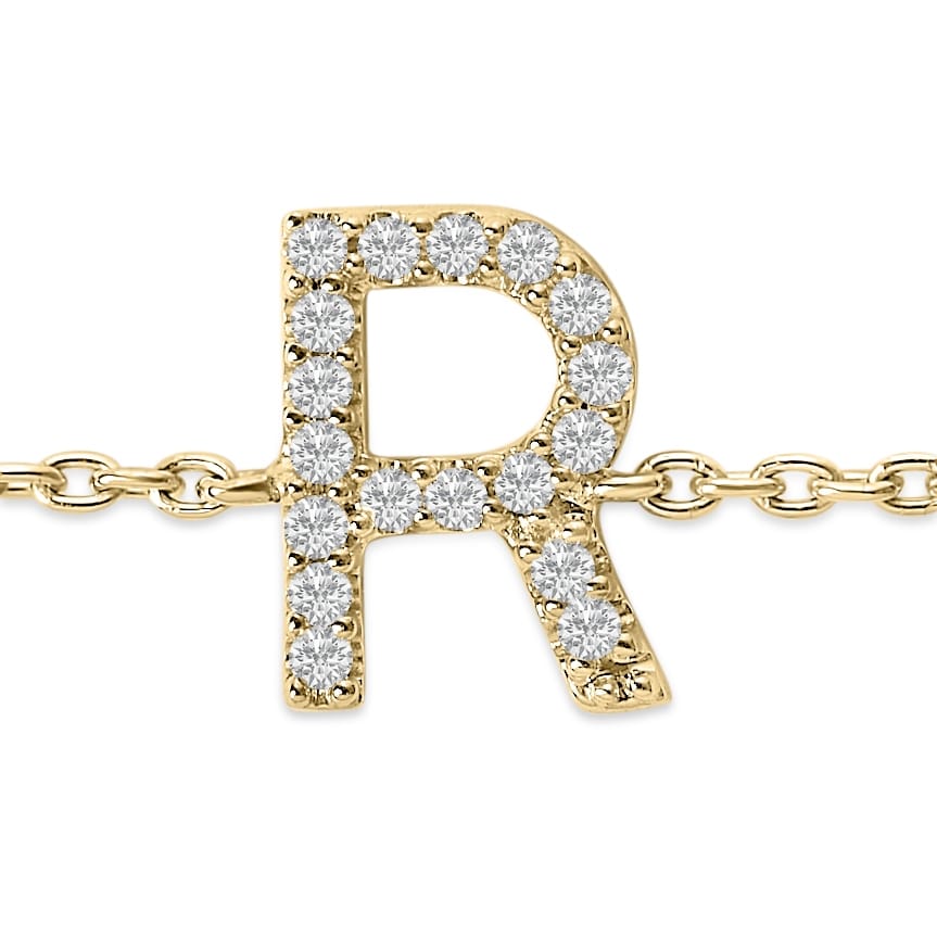 10K Yellow Gold Diamond Accent "R" Initial Charm and Link Bracelet