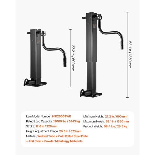 Trailer Jack, 12000 lbs Dynamic Load Capacity, Weld-on Pipe-Mount Swivel Trailer Jack with Ergonomic Handle, 12.6-inch Vertical Travel, Suitable for RV, Horse, Utility, Camping, Yacht Trailers