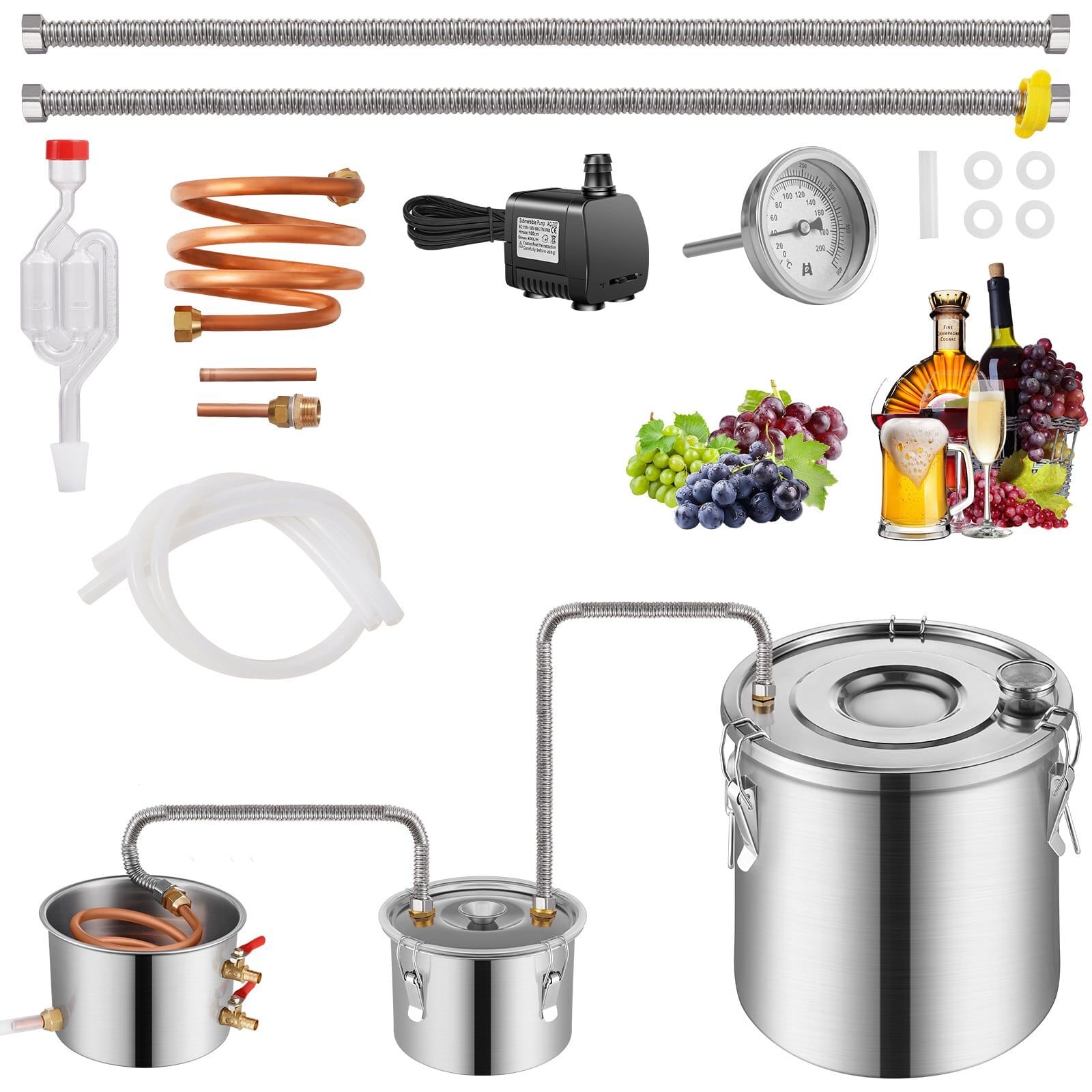 Alcohol Still, 13.2 Gal / 50 L Stainless Steel Water Alcohol Distiller with Copper Coil for Fast Cooling, Dual Condenser Distiller Kit with Secondary Distillation, for Wine Whisky Brandy, Silver