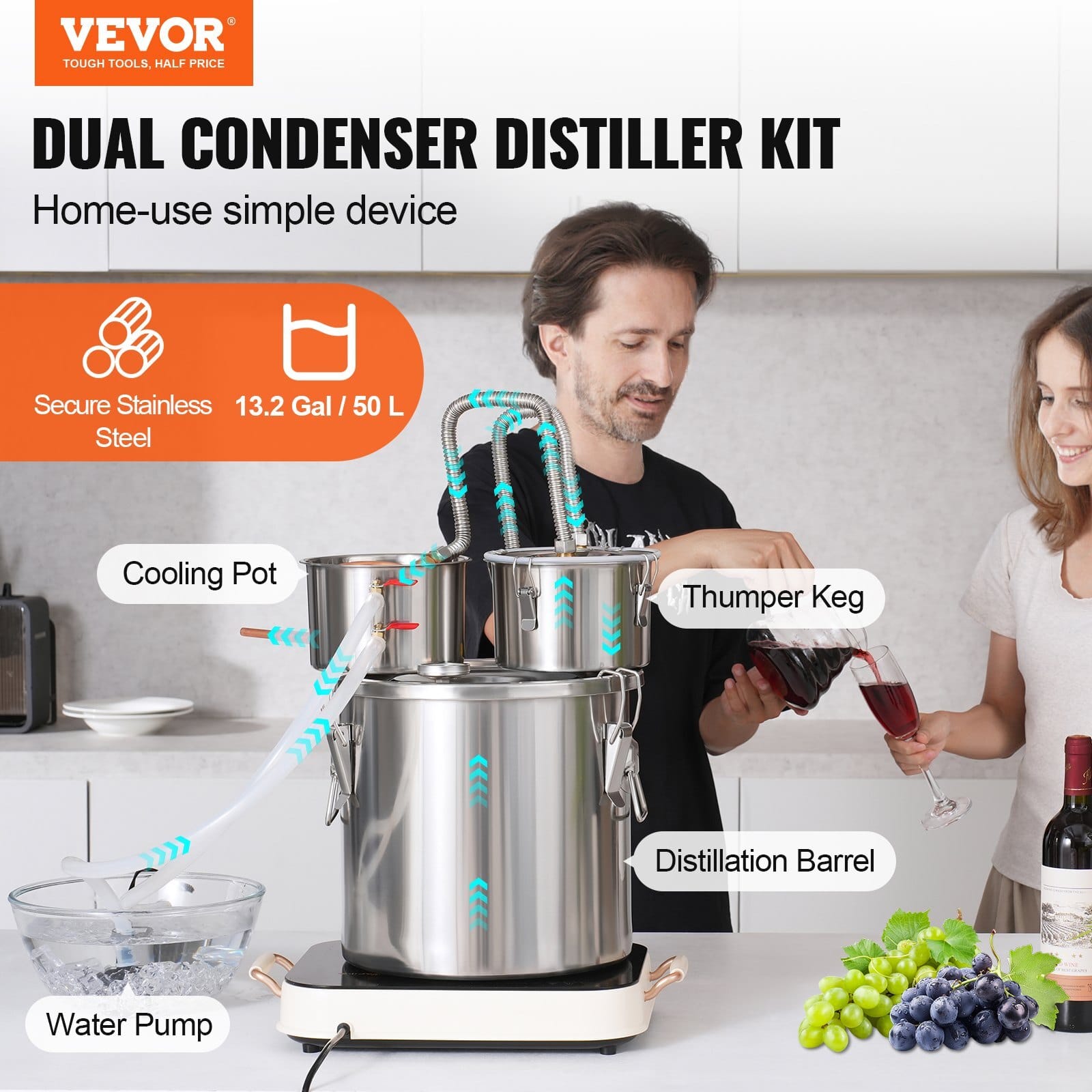 Alcohol Still, 13.2 Gal / 50 L Stainless Steel Water Alcohol Distiller with Copper Coil for Fast Cooling, Dual Condenser Distiller Kit with Secondary Distillation, for Wine Whisky Brandy, Silver