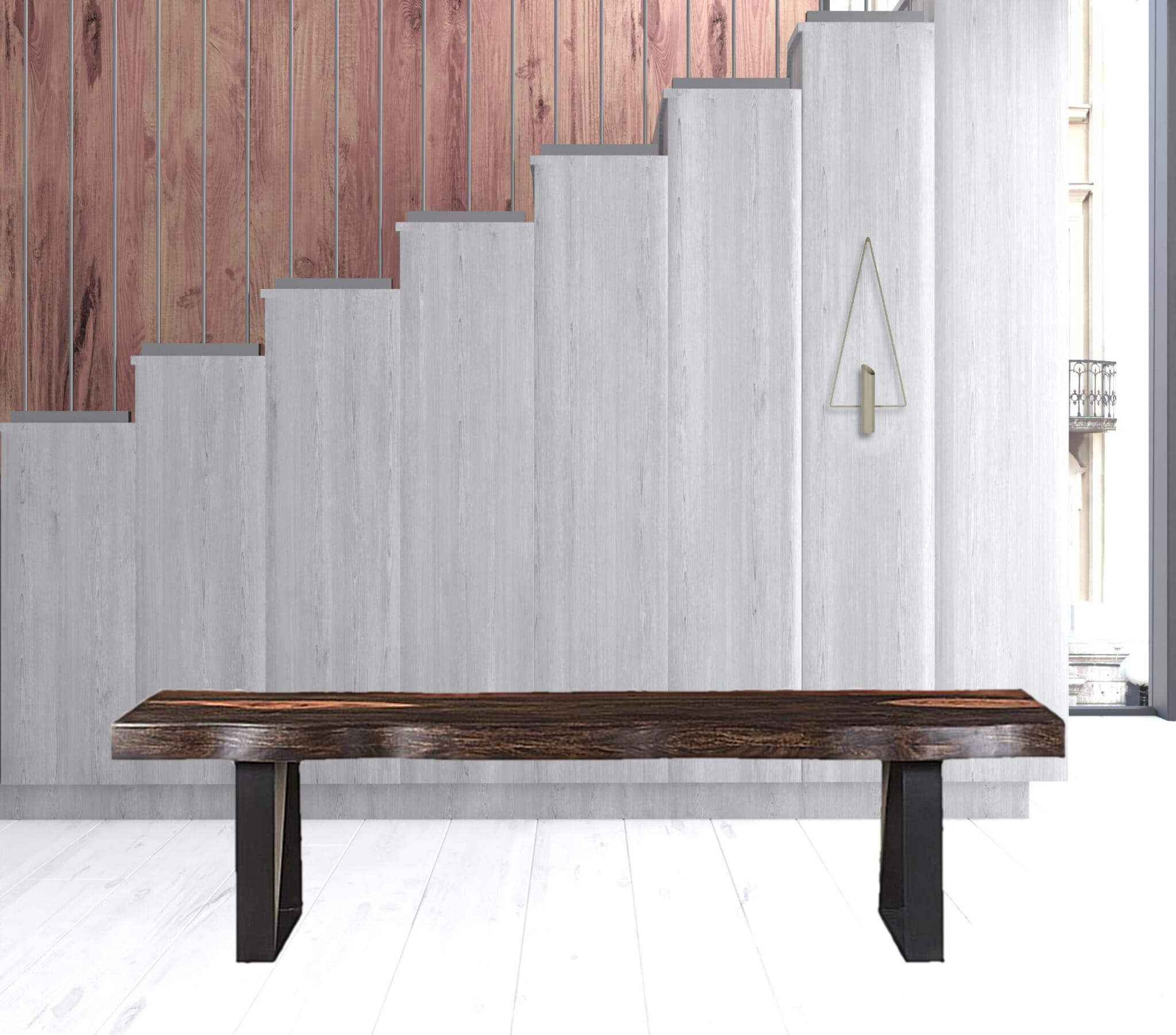 68" Dark Brown and Black Solid Wood Dining Bench