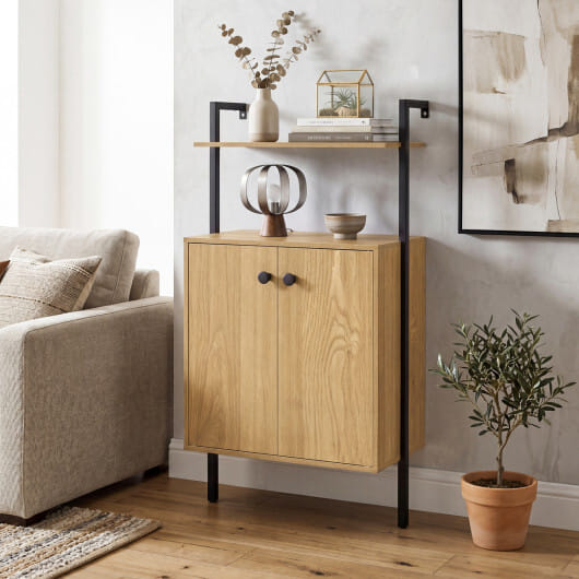2-Door Wall Mount Bookshelf with Storage Cabinet-Natural - Color: Natural