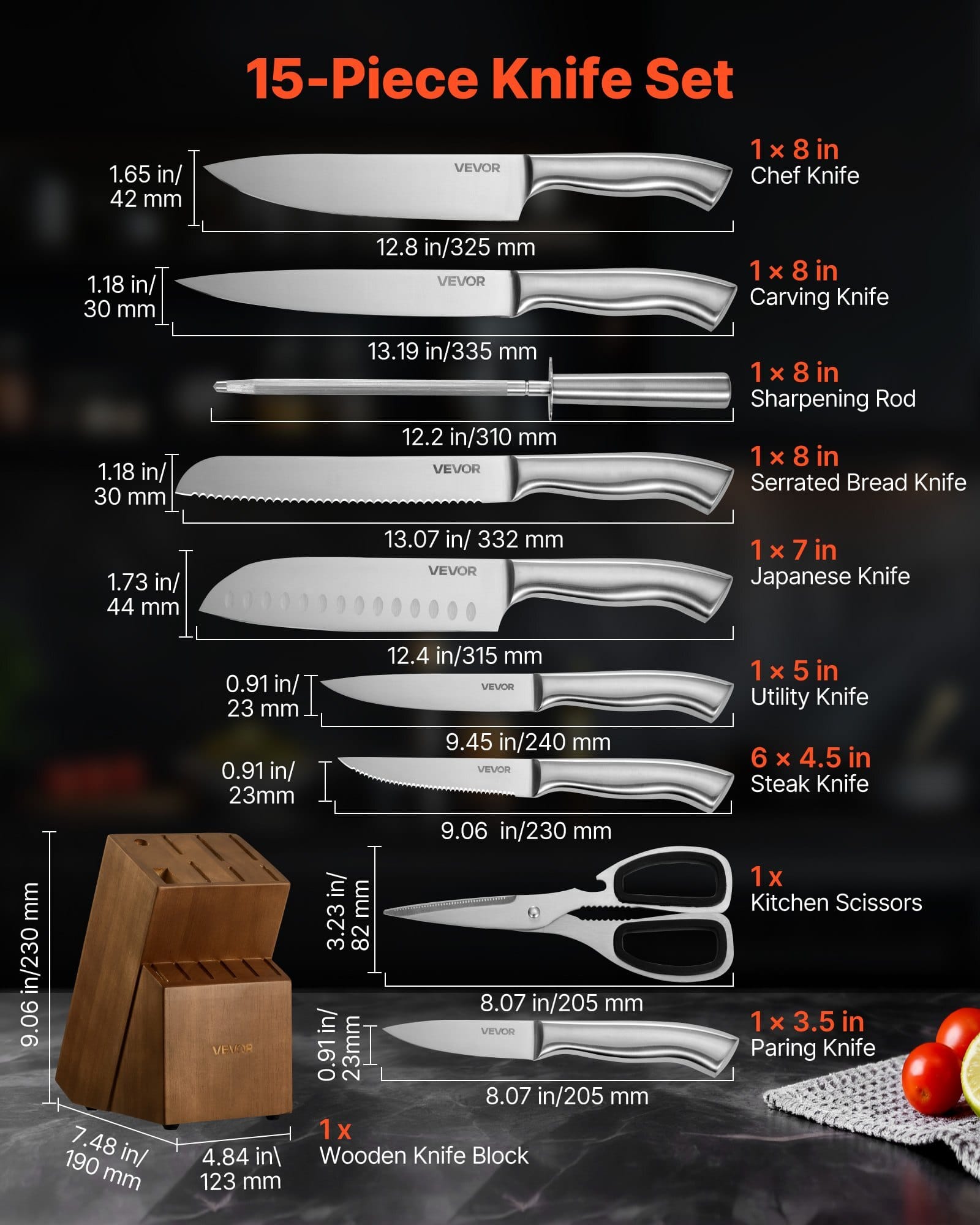 Kitchen Knife Set with Block and Sharpener, 15 Piece German High Carbon Stainless Steel Sharp Knife Set, Kitchen Cutlery with Ergonomic Handle, Sharpening Rod and Wooden Block, for Home Cooks