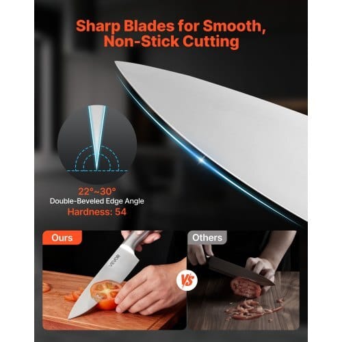 Kitchen Knife Set with Block and Sharpener, 15 Piece German High Carbon Stainless Steel Sharp Knife Set, Kitchen Cutlery with Ergonomic Handle, Sharpening Rod and Wooden Block, for Home Cooks