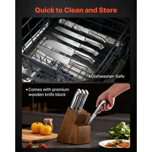 Kitchen Knife Set with Block and Sharpener, 15 Piece German High Carbon Stainless Steel Sharp Knife Set, Kitchen Cutlery with Ergonomic Handle, Sharpening Rod and Wooden Block, for Home Cooks