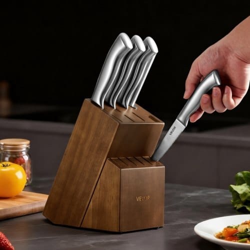 Kitchen Knife Set with Block and Sharpener, 15 Piece German High Carbon Stainless Steel Sharp Knife Set, Kitchen Cutlery with Ergonomic Handle, Sharpening Rod and Wooden Block, for Home Cooks