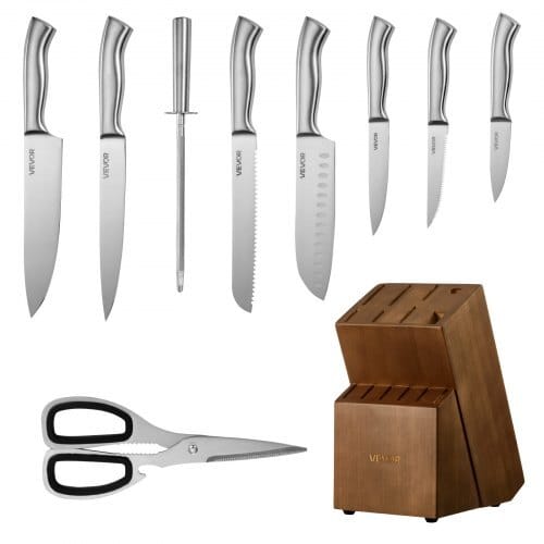 Kitchen Knife Set with Block and Sharpener, 15 Piece German High Carbon Stainless Steel Sharp Knife Set, Kitchen Cutlery with Ergonomic Handle, Sharpening Rod and Wooden Block, for Home Cooks