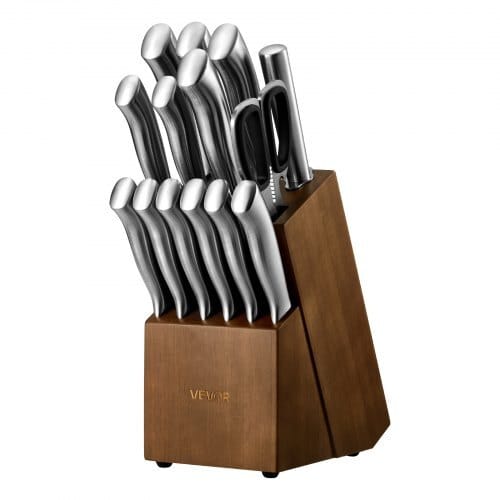 Kitchen Knife Set with Block and Sharpener, 15 Piece German High Carbon Stainless Steel Sharp Knife Set, Kitchen Cutlery with Ergonomic Handle, Sharpening Rod and Wooden Block, for Home Cooks