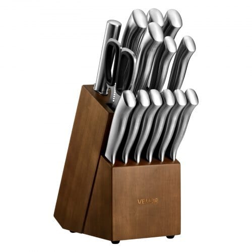 Kitchen Knife Set with Block and Sharpener, 15 Piece German High Carbon Stainless Steel  Sharp Knife Set, Kitchen Cutlery with Ergonomic Handle, Sharpening Rod and Wooden Block, for Home Cooks