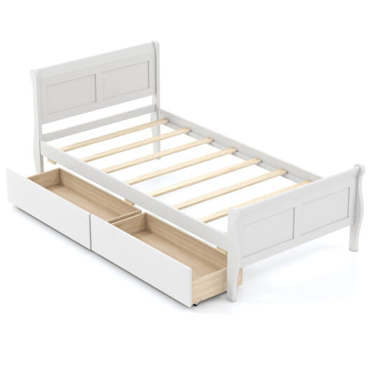 Twin Size Sleigh Bed with 2 Storage Drawers Wood Platform Bed Frame-White - Color: White - Size: Twin Size