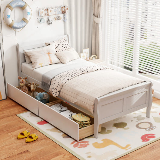 Twin Size Sleigh Bed with 2 Storage Drawers Wood Platform Bed Frame-White - Color: White - Size: Twin Size