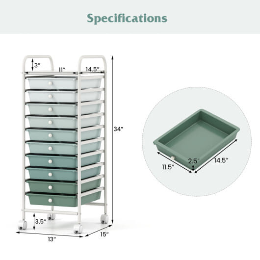 10 Drawer Rolling Storage Cart Organizer with 4 Universal Casters-Green - Color: Green