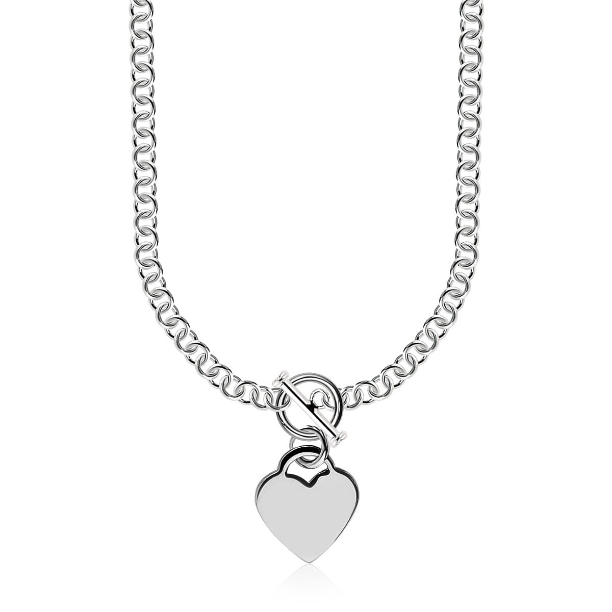 Sterling Silver Rhodium Plated Rolo Chain Necklace with a Heart Toggle Charm