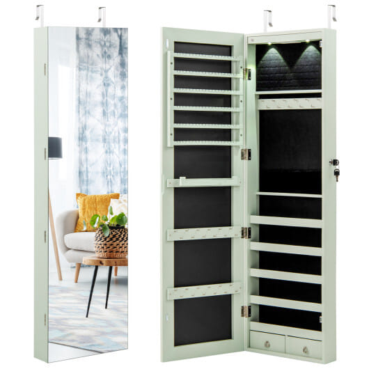 Costway Wall and Door Mounted Mirrored Jewelry Cabinet with Lights-Green - Color: Green