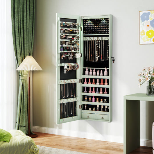 Costway Wall and Door Mounted Mirrored Jewelry Cabinet with Lights-Green - Color: Green