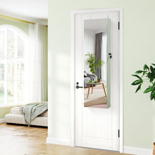 Costway Wall and Door Mounted Mirrored Jewelry Cabinet with Lights-Green - Color: Green