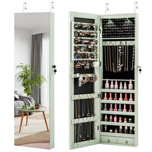 Costway Wall and Door Mounted Mirrored Jewelry Cabinet with Lights-Green - Color: Green