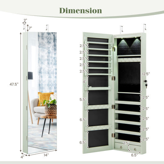 Costway Wall and Door Mounted Mirrored Jewelry Cabinet with Lights-Green - Color: Green