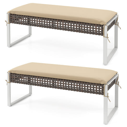 43 Inch Patio Rectangle Ottoman Pack of 2 with Metal Legs and Seat Cushion-Beige - Color: Beige