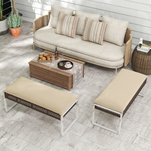 43 Inch Patio Rectangle Ottoman Pack of 2 with Metal Legs and Seat Cushion-Beige - Color: Beige