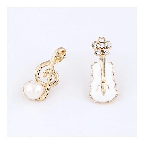 Korean Fashion Asymmetric Musical Note and Violin Fashion Ear Studs - White