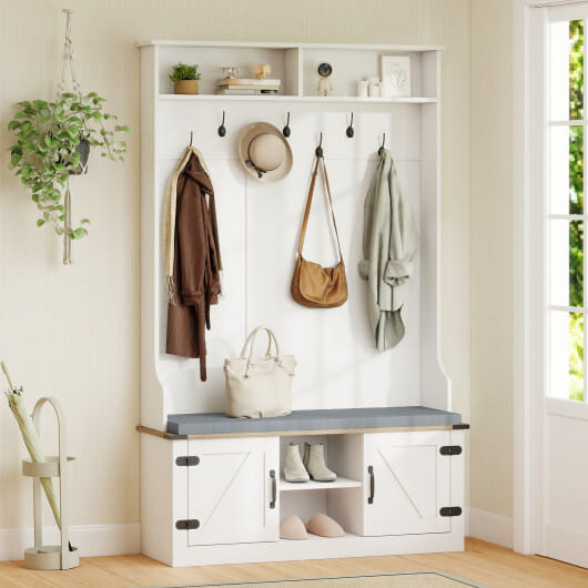 4-in-1 68.5 Inch Tall Coat Rack with Cushioned Bench and Shoe Storage-White - Color: White