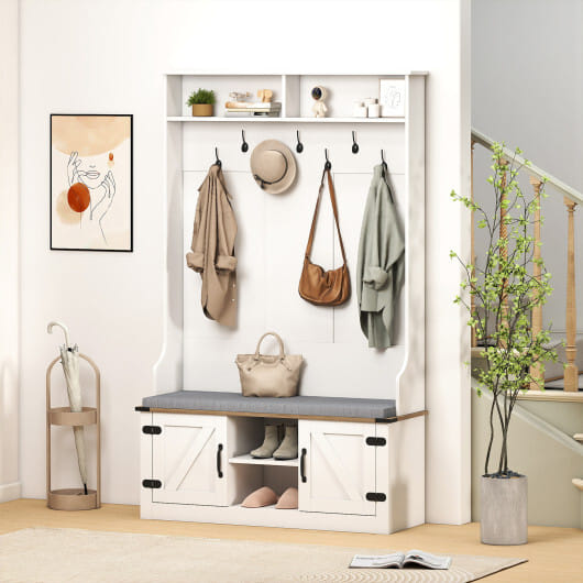 4-in-1 68.5 Inch Tall Coat Rack with Cushioned Bench and Shoe Storage-White - Color: White