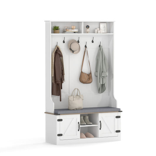 4-in-1 68.5 Inch Tall Coat Rack with Cushioned Bench and Shoe Storage-White - Color: White