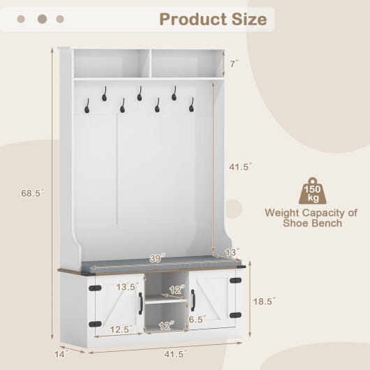 4-in-1 68.5 Inch Tall Coat Rack with Cushioned Bench and Shoe Storage-White - Color: White