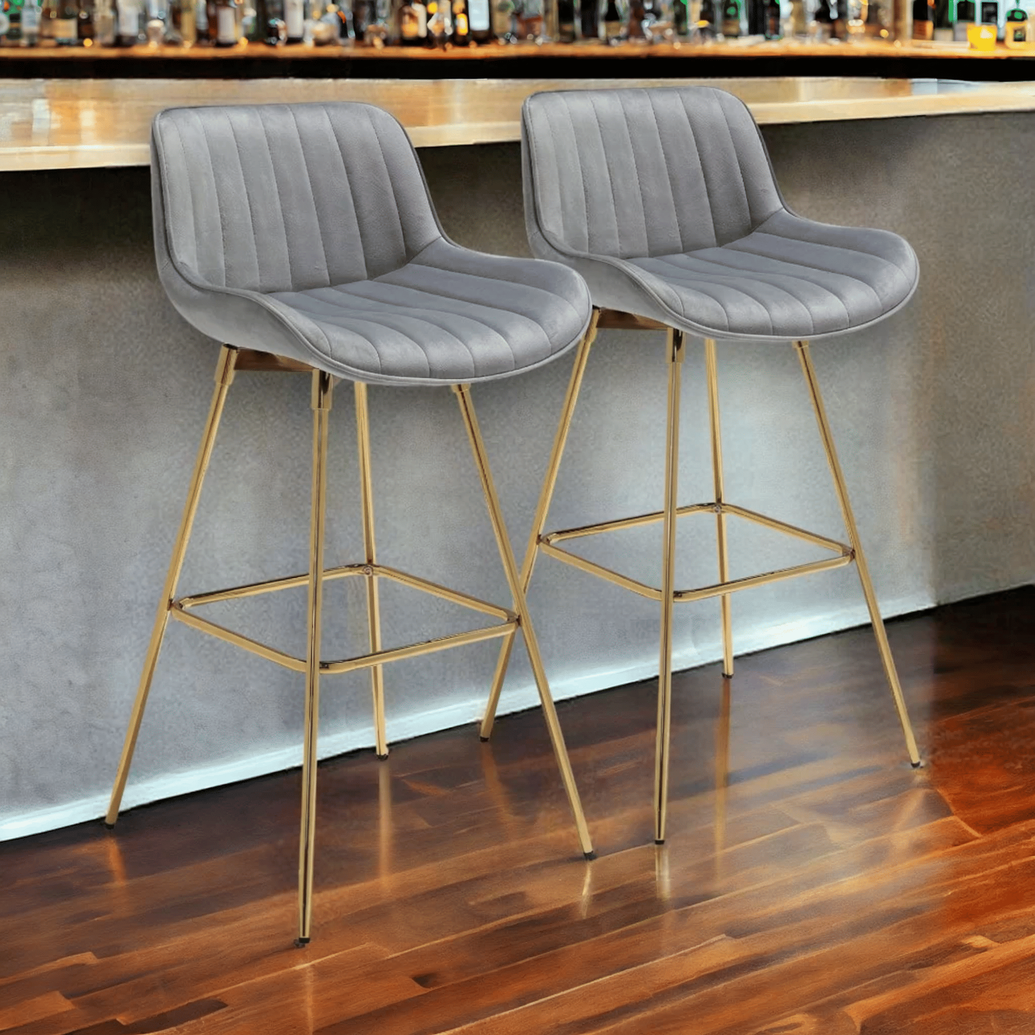 Set of Two 29" Gray and Gold Velvet and Metal Low Back Bar Height Swivel Bar Chairs