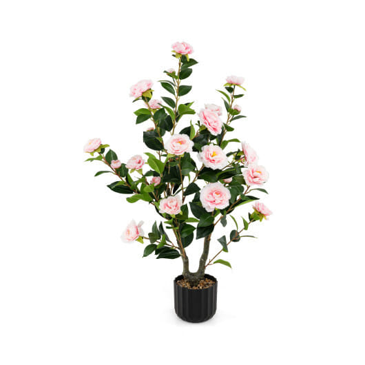 38 Inch Artificial Camellia Tree Faux Flower Plant in Cement Pot-Pink - Color: Pink