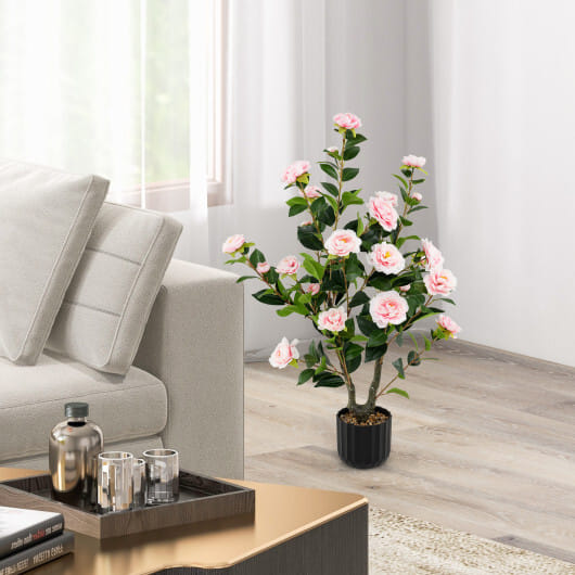 38 Inch Artificial Camellia Tree Faux Flower Plant in Cement Pot-Pink - Color: Pink