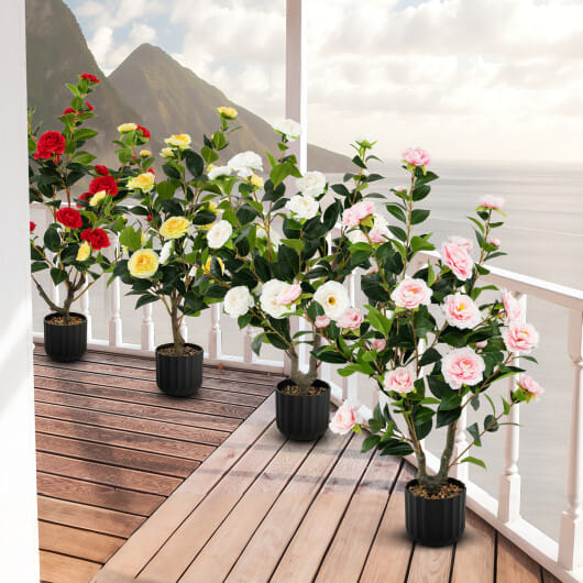 38 Inch Artificial Camellia Tree Faux Flower Plant in Cement Pot-Pink - Color: Pink