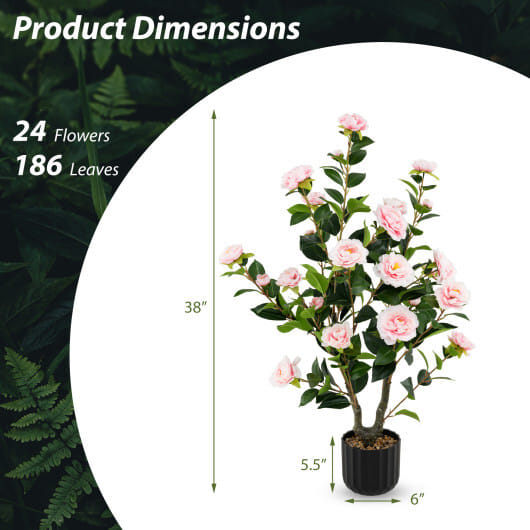 38 Inch Artificial Camellia Tree Faux Flower Plant in Cement Pot-Pink - Color: Pink