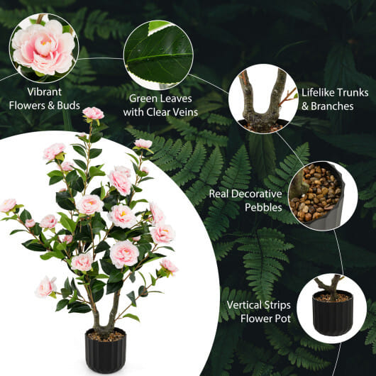 38 Inch Artificial Camellia Tree Faux Flower Plant in Cement Pot-Pink - Color: Pink