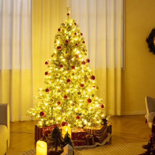 6/7.5/9 FT Artificial Christmas Tree Pre-Lit Hinged Holiday Tree with 360° Quick Power Connector-6 ft