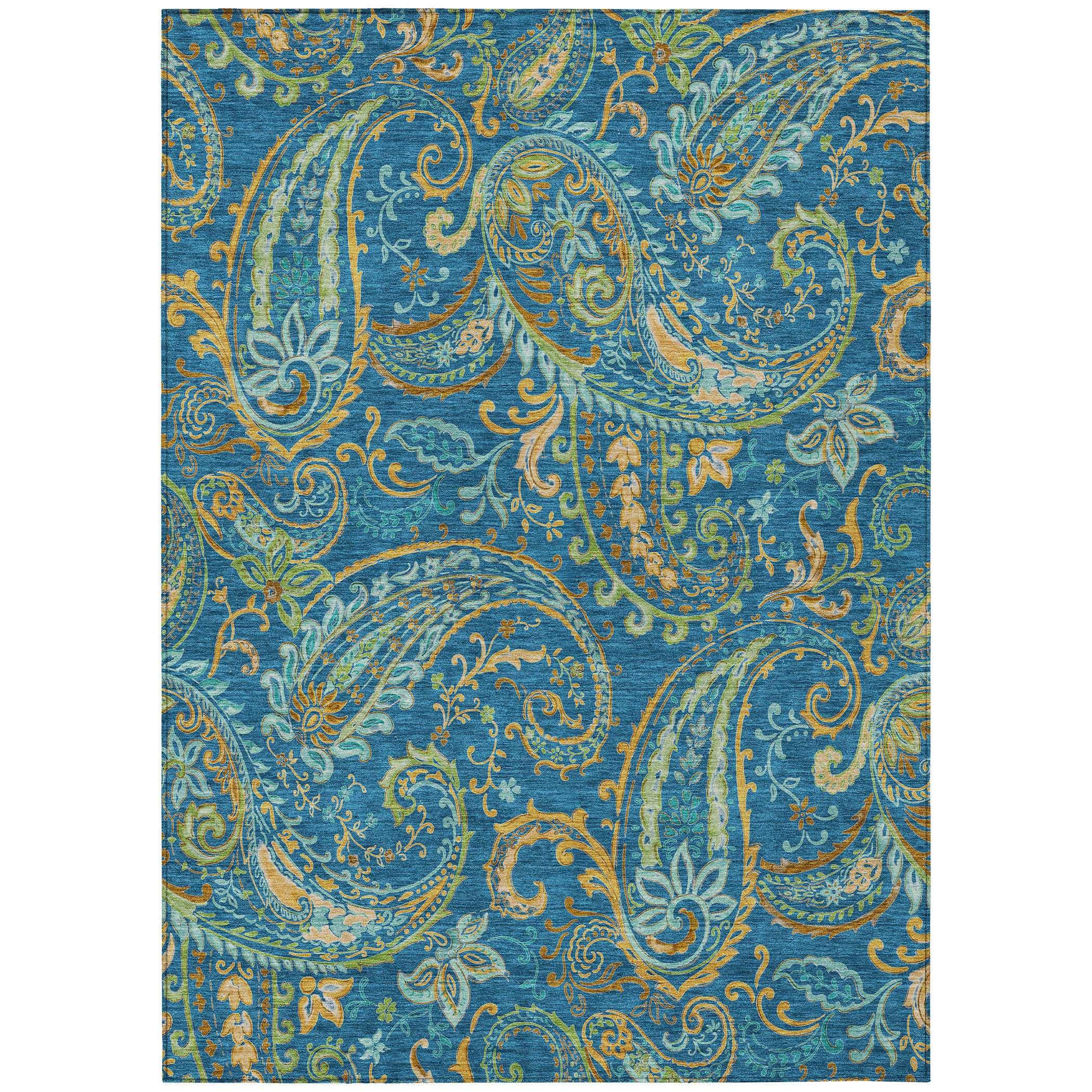 5' X 8' Navy Blue Paisley Washable Non Skid Indoor Outdoor Area Rug