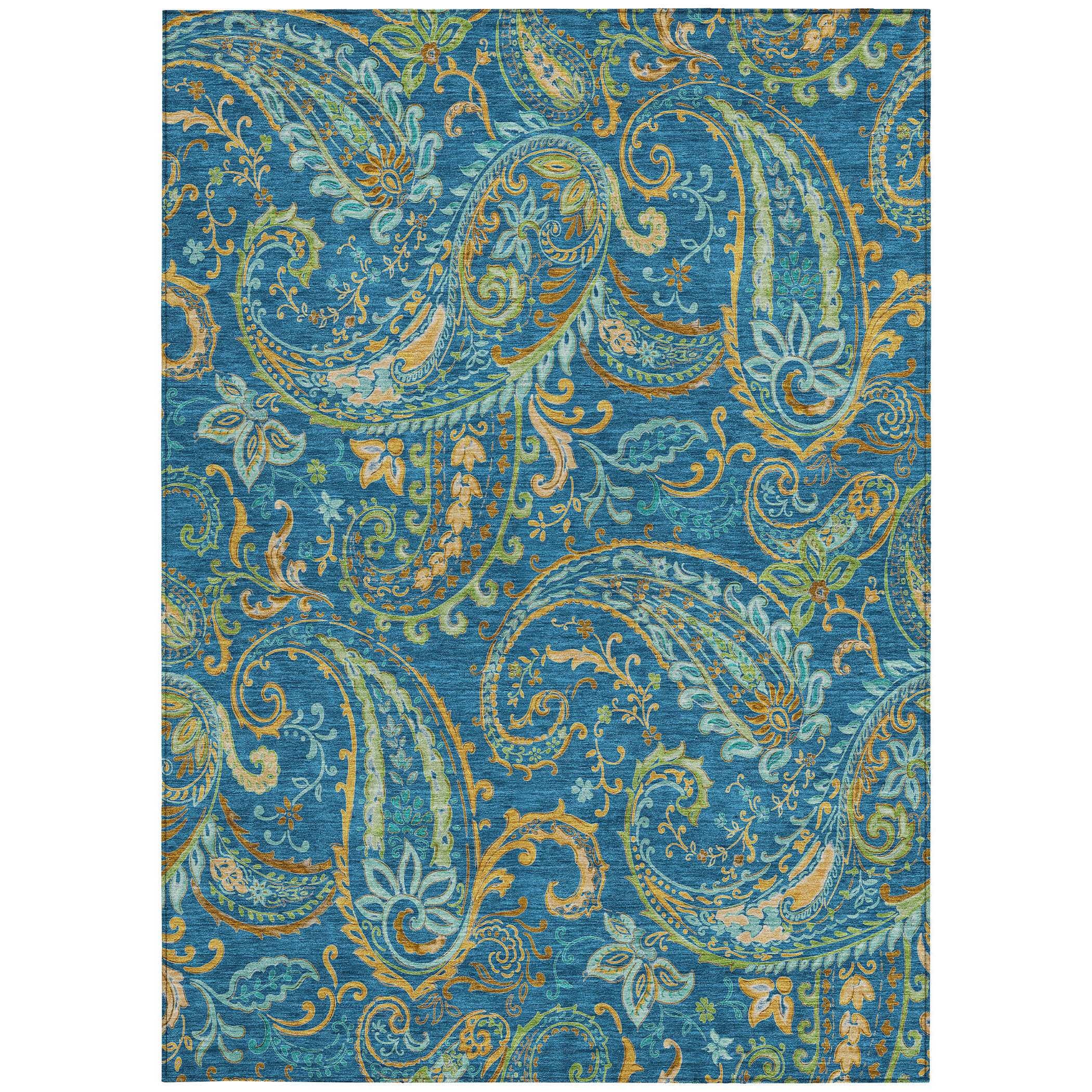 5' X 8' Navy Blue Paisley Washable Non Skid Indoor Outdoor Area Rug