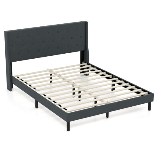 Queen Size Upholstered Bed Frame with Button Tufted Wingback Headboard and Wooden Slats Support Mattress Foundation-Gray - Color: Gray