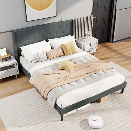Queen Size Upholstered Bed Frame with Button Tufted Wingback Headboard and Wooden Slats Support Mattress Foundation-Gray - Color: Gray
