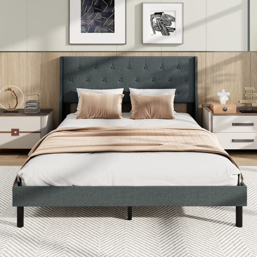 Queen Size Upholstered Bed Frame with Button Tufted Wingback Headboard and Wooden Slats Support Mattress Foundation-Gray - Color: Gray