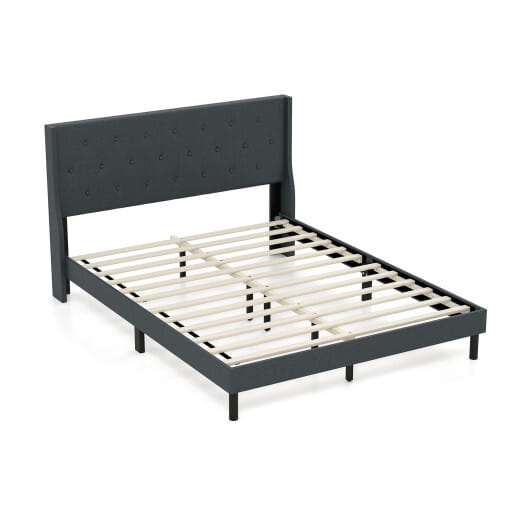 Queen Size Upholstered Bed Frame with Button Tufted Wingback Headboard and Wooden Slats Support Mattress Foundation-Gray - Color: Gray