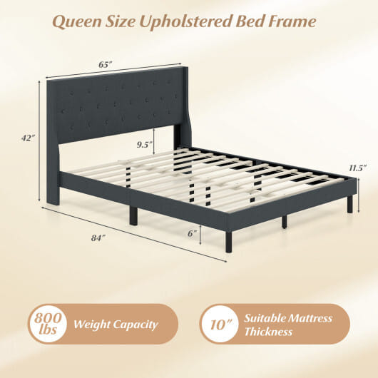 Queen Size Upholstered Bed Frame with Button Tufted Wingback Headboard and Wooden Slats Support Mattress Foundation-Gray - Color: Gray