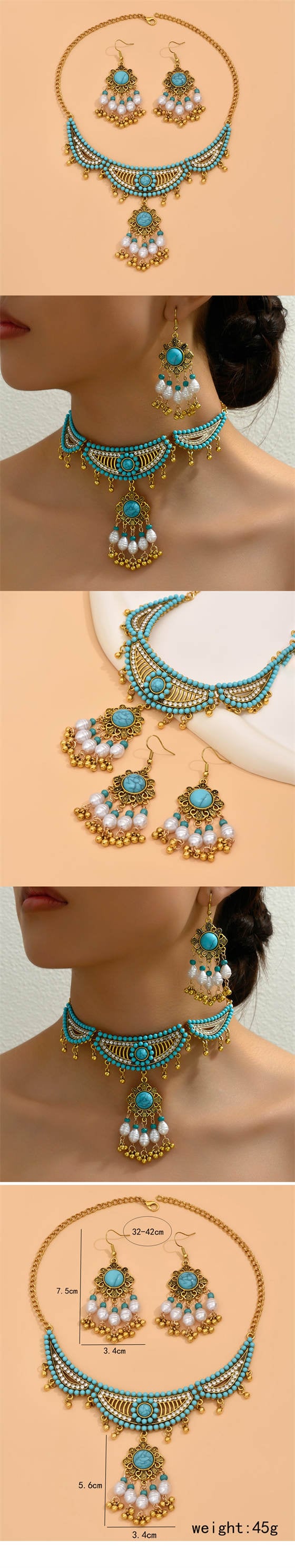 Vintage Artificial Turquoise Women Wholesale Beads Weaving Fashion Necklace and Earrings Set