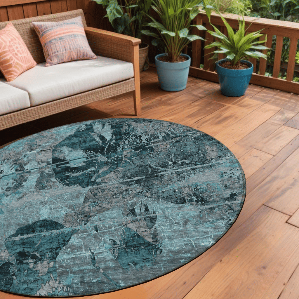 8' Round Teal and Gray Round Floral Washable Non Skid Indoor Outdoor Area Rug