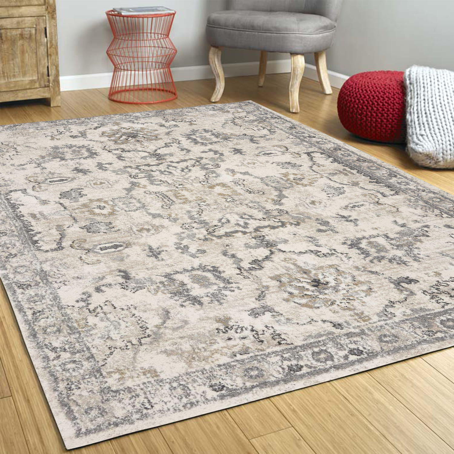 9' X 13' Ivory Machine Woven Distressed Floral Traditional Indoor Area Rug